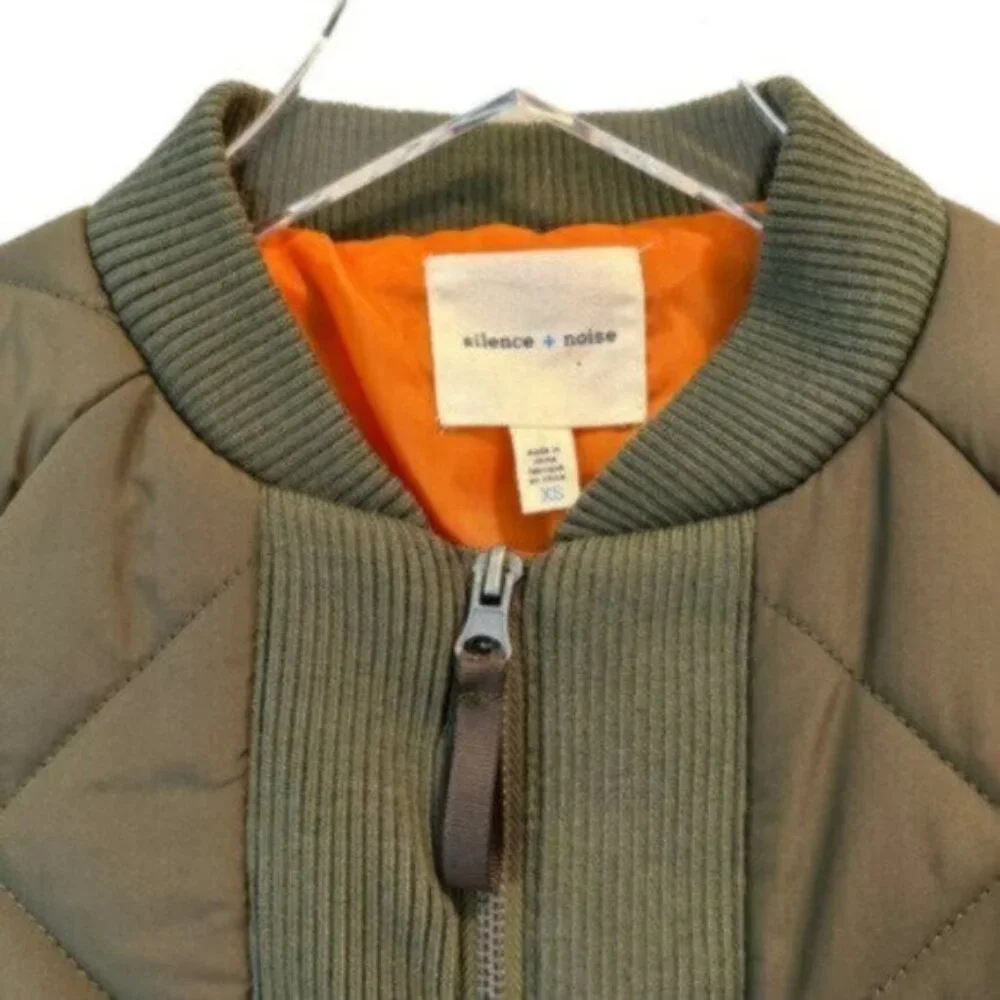 Silence + Noise | Olive Green Zip Front Quilted Bomber Jacket Size XS
